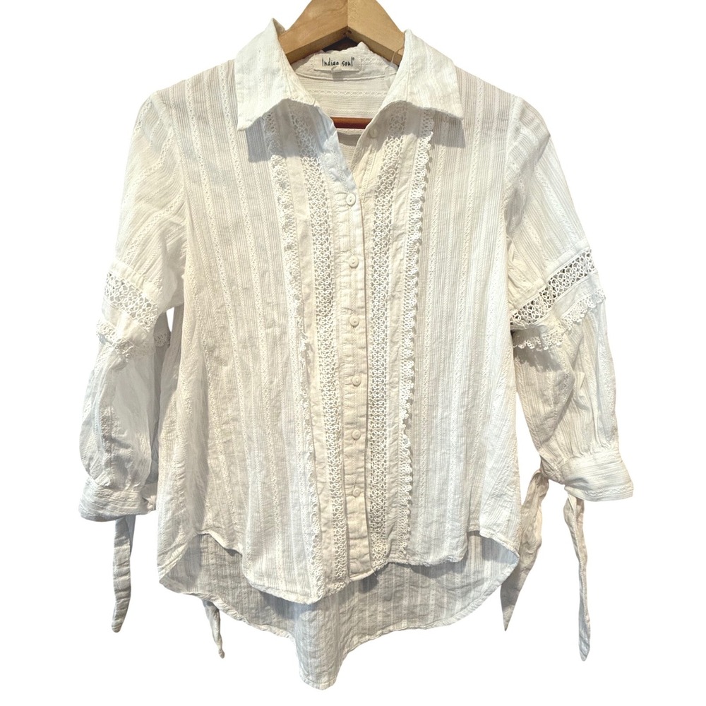 Indigo Soul White Cotton Lace Trim Button Down Blouse Top Large
